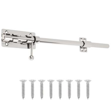 Imagem de HOJLKLD Trava de porta de barril, trava de celeiro de aço inoxidável 304 de 35 cm com orifício de cadeado de 8,5 mm, trava de porta deslizante prata resistente de parafuso de 14 mm (prata, 35 cm)