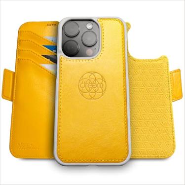 Imagem de Capa Carteira Dreem Fibonacci p/iPhone 15 Pro Max, 2-em-1, case antichoque, couro vegano, capa removível, compatível com acessórios MagSafe. Proteção RFID. Design para homens e mulheres [Amarelo]