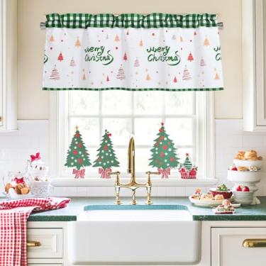 Imagem de DWCN Cortinas de Natal para sala de estar, sanefas de Natal para janelas pequenas, topo curto sólido para casa de fazenda - 1 painel, 137 x 45 cm, grade verde de Natal