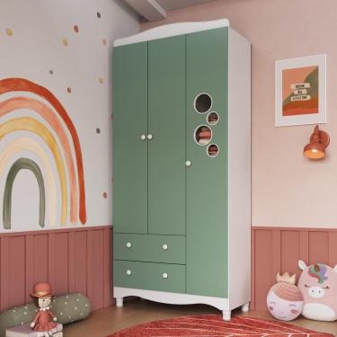 Imagem de Guarda-roupa Infantil 3 Portas E 2 Gavetas Com Nichos E Cabideiro Para Quarto De Bebê Branco Com Verde
