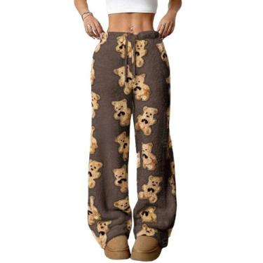 Imagem de Calça de pijama ZAFUL felpuda de pelúcia com cordão na cintura, urso m