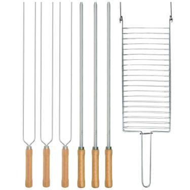 Imagem de Kit Preparo Churrasco Grelha Espetos 3 Simples E 3 Duplo Mor