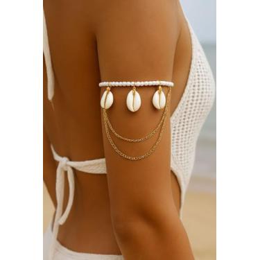 Imagem de Bracelete de pérola com búzios verdadeiros e caimento de correntes - d