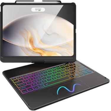 Imagem de FUWANG Capa com teclado sensível ao toque para iPad Air de 13 polegadas (M3 2025/M2 2024) e iPad Pro 12,9 6ª 5ª 4ª 3ª geração, rotação de 360° com retroiluminação em 7 cores para iPad Air 13 polegadas