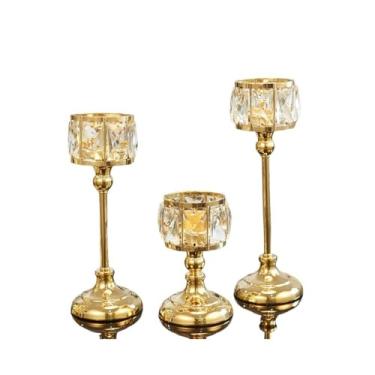 Imagem de Centro de Mesa 3 peças simples ferro vidro castiçal moderno decoração de mesa ornamentos suporte vela para Jantar(Gold)