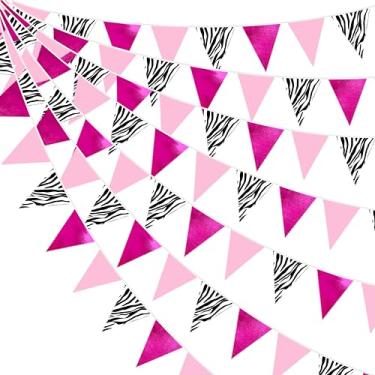 Imagem de Decorações de festa zebra de 8,5 m metálico rosa choque zebra triângulo bandeira bandeira flâmula tecido guirlanda flâmulas para animais selvagens aniversário chá de bebê selva safári decoração de