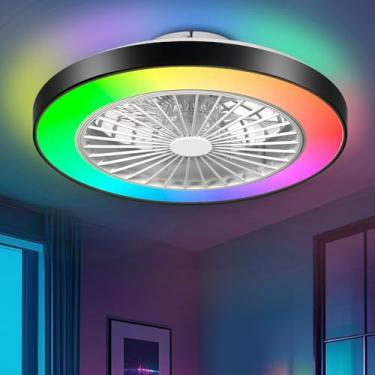 Imagem de Knwjmv Ventiladores De Teto Com Luzes E Controle Remoto, Luminária Ventilador Rgb Perfil Baixo, Por Aplicativo Inteligente, Sem Lâminas Para Quarto, Sala Estar, Led Mudança Cor 3000K-6000K, 19"