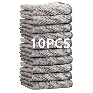 Imagem de Kit 10 Panos Mágicos de Limpeza Multiuso, 20x20cm, Reutilizável, Trama Escama de Peixe, Revestimento Metálico, ideal para Uso Doméstico, Cozinha, Banheiro, Secagem Rápida