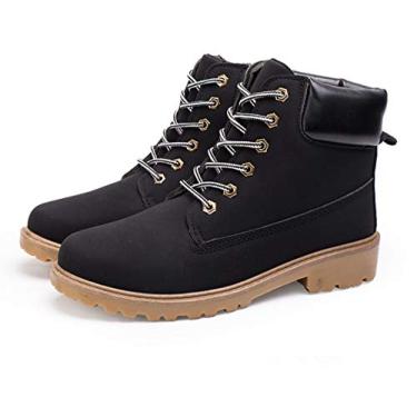 Imagem de Bigfanshu Botas de inverno 2020 masculinas de camurça de couro unissex moda neve masculino sapatos de trabalho botas para amantes grandes plus size masculino mocassins de cano médio e sem cadarço no tornozelo botas chukka sem cadarço, Preto, 38 BR G