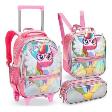 Imagem de Kit Mochila Rodinha Infantil Feminino Grande Menino Com Alça - Denlex