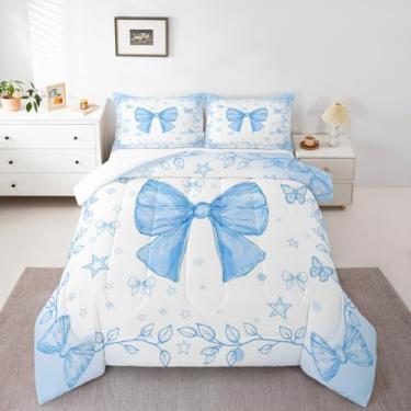 Imagem de jejeloiu Conjunto de cama macio para meninos e meninas, conjunto de edredom casal com laço e gravata borboleta de microfibra, estilo princesa sonhadora, decoração de quarto, 3 peças com 2 fronhas