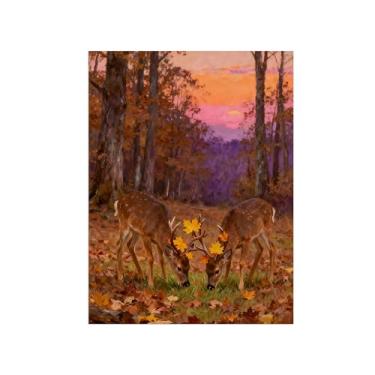 Imagem de Quadro parede outono-Veados pastando Impressões em tela paisagens-Pintura animais para sala estar decoração fazenda 60x80cm Sem Moldura