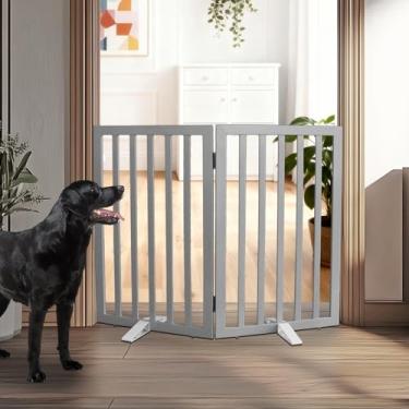 Imagem de ZJSF Portão interno independente para cães para casa, portão dobrável de madeira para filhotes, portão de animais de estimação para escadas, cerca extra larga para animais de estimação, cinza, 81 cm
