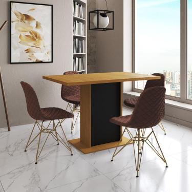Imagem de Mesa Jantar Londres Tampo Canela 120Cm Base Preta 4 Cadeiras Base Dourado Estofado Caramelo