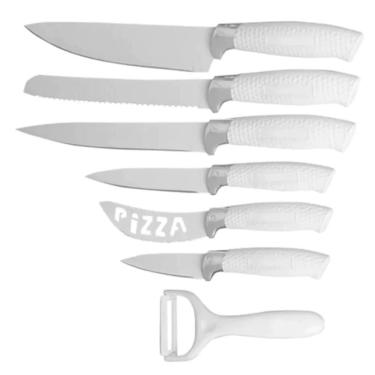 Imagem de Conjunto De Facas De Cozinha Ceramica Branca 7 Peças Kit Profissional Churrasco Carnes Paes Pizza Com Descascador Frutas