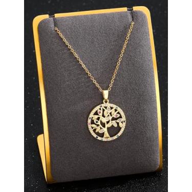 Imagem de Colar de árvore da vida dourada para mulheres com pingente de zircônia cúbica de cobre ajustável, símbolo de crescimento e sorte, presente para aniversário, uso diário, 41.5CM+5.5CM, Zircônia cúbica