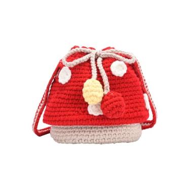 Imagem de Alunsito Bolsa feminina de crochê em forma de cogumelo, bolsa transversal com cordão, bolsa de malha, carteira de praia para mulheres, Vermelho