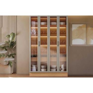 Imagem de Cristaleira Sala Jantar Allure Adega Vinhos c/ 4Ptas Vidro 5 Prat 2Gavs e Leads 140cm Jequitiba/Gris Fosco - Linea Brasil