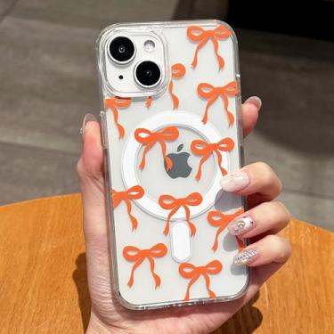 Imagem de UEEBAI Capa magnética para iPhone 15, capa de arco compatível com MagSafe, fita fina sem fio, estética, capa protetora antiamarelamento à prova de choque para mulheres e meninas - laranja