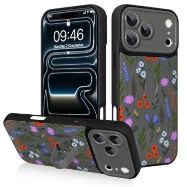 Imagem de AIGOMARA Capa para iPhone 17 Pro com alça de dedo, linda estampa floral estampa floral para mulheres e meninas, capa protetora à prova de choque antiarranhões com suporte de mão, preta