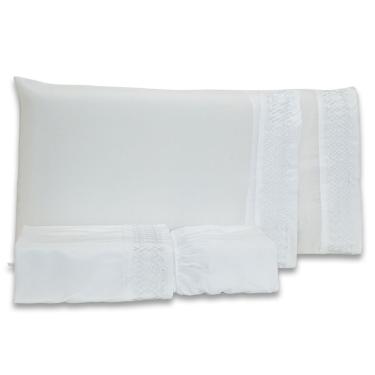 Imagem de Jogo De Cama Lençol Harmony Bordado Geométrico Percal 300 Fios Com Fronhas Queen 04 Peças - Toque Acetinado Cor Branco
