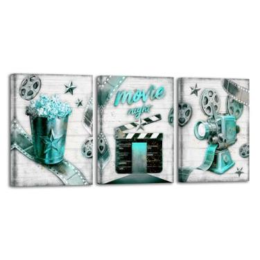 Imagem de RyounoArt Arte de parede de cinema em casa pintura em tela turquesa e cinza decoração de sala de cinema 30,5 x 40,6 cm x 3 peças (azul-petróleo)