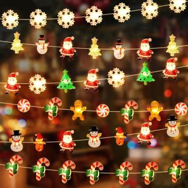 Imagem de Grinsvalley Cordão de luzes de Natal 12,2 m, 120 LEDs, árvore de Natal, Papai Noel, floco de neve, bengala de doces, luzes de fadas listradas, operadas por bateria para decoração de janela de quarto