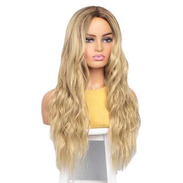 Imagem de Peruca sintética natural ondulada loira 70cm com raízes escuras 280g -