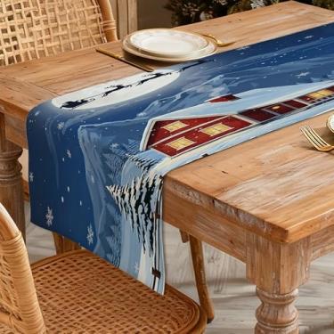 Imagem de Caminho de mesa de Natal 33 x 91 cm - Decoração de mesa de jantar de cozinha de inverno para decoração de casa, trenó de Papai Noel impresso sobre casa vermelha e lua cheia para decoração de férias de