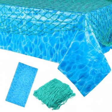 Imagem de Tegeme Conjunto de 2 peças de toalha de mesa decorativa de rede de peixe e ondas do oceano, 1 arrastão de algodão e 1 capa de mesa de plástico com estampa de água para decorações de festa de
