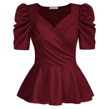 Imagem de Blusa feminina GRACE KARIN com decote em V e manga curta, vinho, 2GG