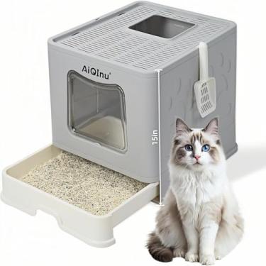 Imagem de AiQInu Caixa de areia dobrável para gatos com tampa e colher - Caixa de areia grande fechada com invólucro de alta face para gatos grandes - antivazamento, não pegajoso, sem cheiro, fácil de limpar