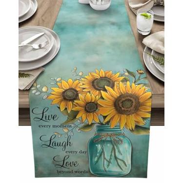 Imagem de Caminho de mesa Girassóis Vaso Live Laugh Teal Retrô Corredores de Mesa Cozinha Decoração de Mesa de Jantar para Casa Decoração de Festa de Fazenda 33 cm x 91 cm