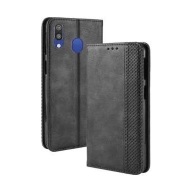 Imagem de Capa para Samsung Galaxy M20,Retro Flip magnético,Caso de telefone de couro PU,Design de carteira com 3 slots de cartão e 1 clipe de dinheiro -Black