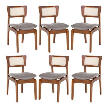 Imagem de Kit 6 Cadeiras De Jantar Portugal Madeira Imbuia Com Encosto Tela Rattan Linho Cinza L55