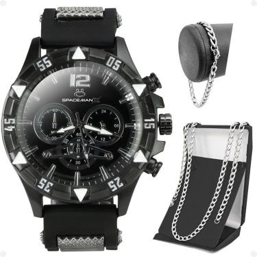 Imagem de Relogio Masculino Aço Inox + Pulseira + Relogio Masculino Preto + Cordão Prata Grumet Ajustavel