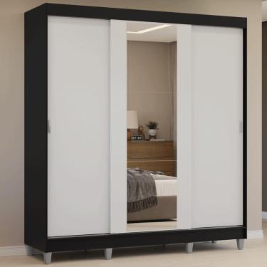 Imagem de Guarda-roupa Casal Com Pés 3 Portas De Correr Com Espelho Preto Branco Reno Madesa