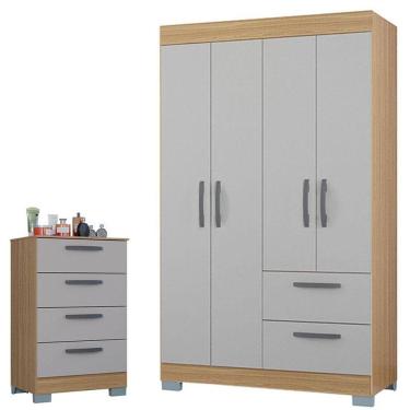 Imagem de Cômoda 867 4 Gavetas E Guarda Roupa Solteiro Tóquio 4 Portas Damasco Off White - Poquema