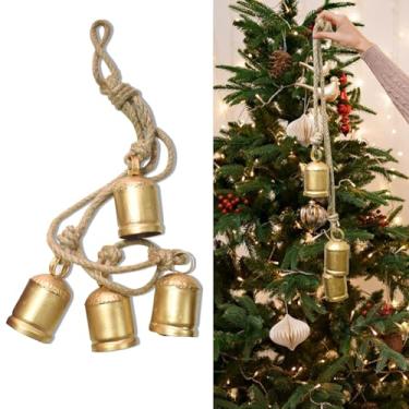 Imagem de Sinos de metal dourados vintage inspirados no tibetano feitos à mão com corda de juta para pendurar na árvore de Natal, parede, janela, porta e decoração de igreja, sino para pendurar em casa - 73 x