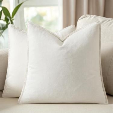 Imagem de Woaboy 28 x 28 polegadas Euro Sham Conjunto de 2 fronhas decorativas de linho sólido Boho Accent Farmhouse Fronha moderna Netural Natal decoração de casa para cama king size sofá sala de estar, branco