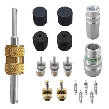Imagem de Tuxihapp Kit de núcleo de válvula de ar condicionado de carro 17 peças, tampa de vedação de teflon R12 R134A com ferramenta de remoção, ferramenta de reparo de carro para porta de serviço A/C de alta