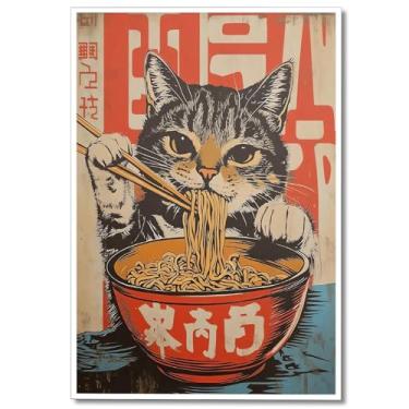 Imagem de Arte de parede engraçada em tela de gato, pôster vintage japonês para comer comida, imagem engraçada de gato comendo ramen, decoração de quarto em estilo japonês, presente exclusivo para amantes de