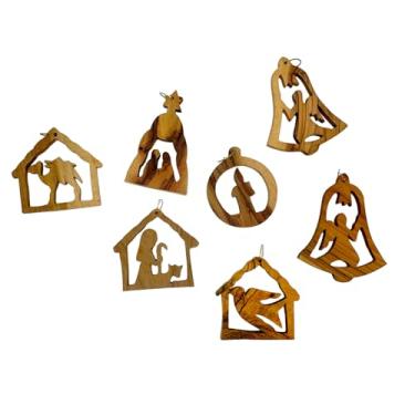 Imagem de Conjunto de enfeites de presépio de madeira de oliveira esculpida à mão de 7 peças – Decoração de árvore de Natal de Jesus da Terra Santa de Belém - Presente Cristão Feito à Mão 6,3 cm (Sagrada