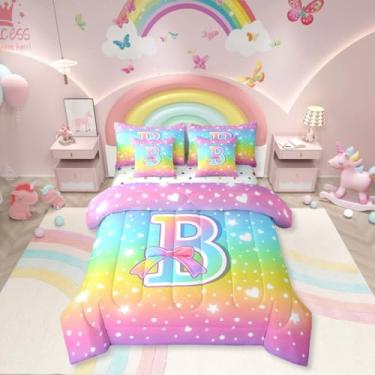 Imagem de Erosebridal Jogo de edredom solteiro Rainbow Bed in A Bag | Letra B com 7 peças, kawaii, coquete, laço, reversível, arco-íris, ombré, princesa, lençol com elástico, reversível, respirável, leve
