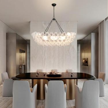 Imagem de Lzawvm Lustre bolha iluminação 12 luzes moderno luxo cluster lustre globo de vidro transparente para foyer, tetos altos, sala de jantar, entrada, sala de estar, oval longo, diâmetro 114 centímetros