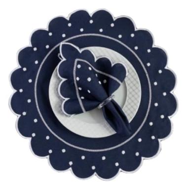 Imagem de Kit Mesa Posta Jogo Americano Bordado com Guardanapo, 12 Peças 6 Lugares, Poá em Oxford Engomado, Sousplat, 50x35cm (Azul Marinho)