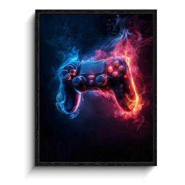 Imagem de Arte de parede de controle de jogos, brilho neon fogo e gelo, decoração de jogos cibernéticos, impressão em tela emoldurada com acabamento fosco, pôster gamer para sala de jogos, dormitório, streamer