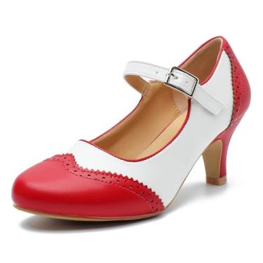 Imagem de Rjclyh Sapato social feminino Mary Jane duplo tom Oxford confortável salto baixo gatinho retrô tira no tornozelo bico redondo, Vermelho, 36