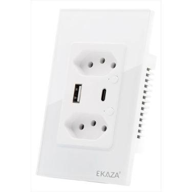 Imagem de Tomada Dupla Inteligente 16A USB A C Branco Vidro Temperado - EKAZA