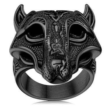 Imagem de FaithHeart Nórdico Viking Jewelry masculino Aço inoxidável Vikings Anel de cabeça de lobo/martelo do Thor Valknut Joias góticas de guerreiro - Gravação personalizada Preto